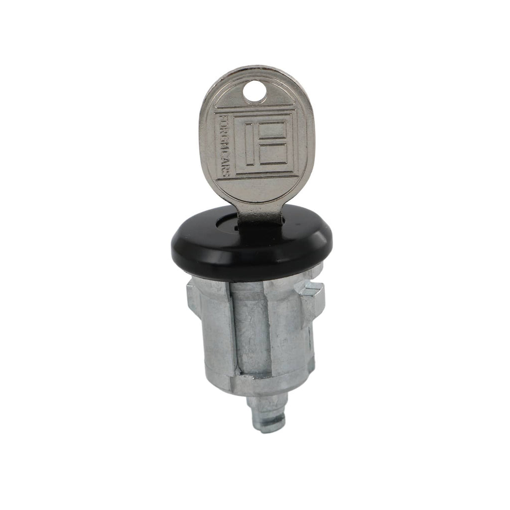Black lock cylinder with silver key tag and silver mounting base