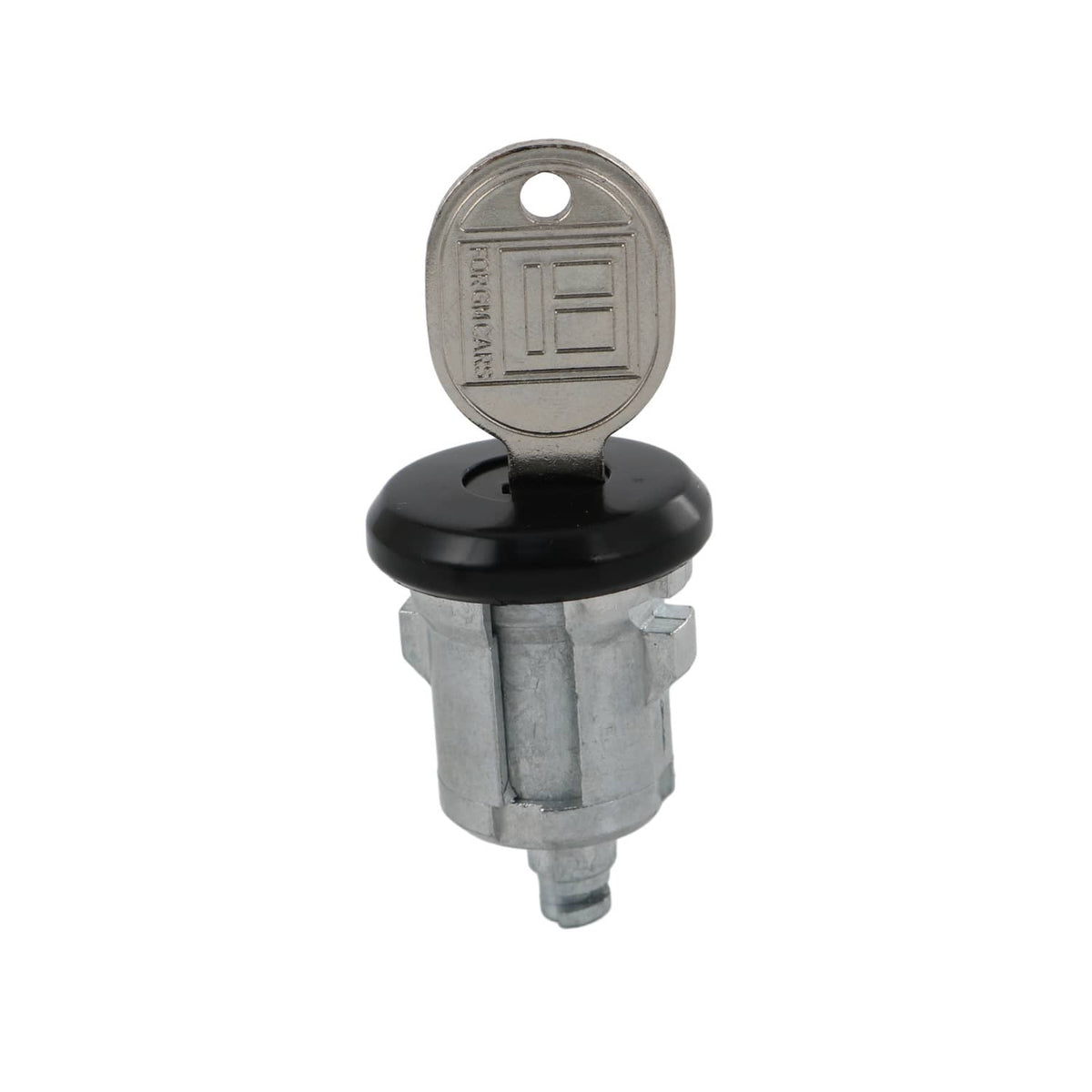 Black lock cylinder with silver key tag and silver mounting base