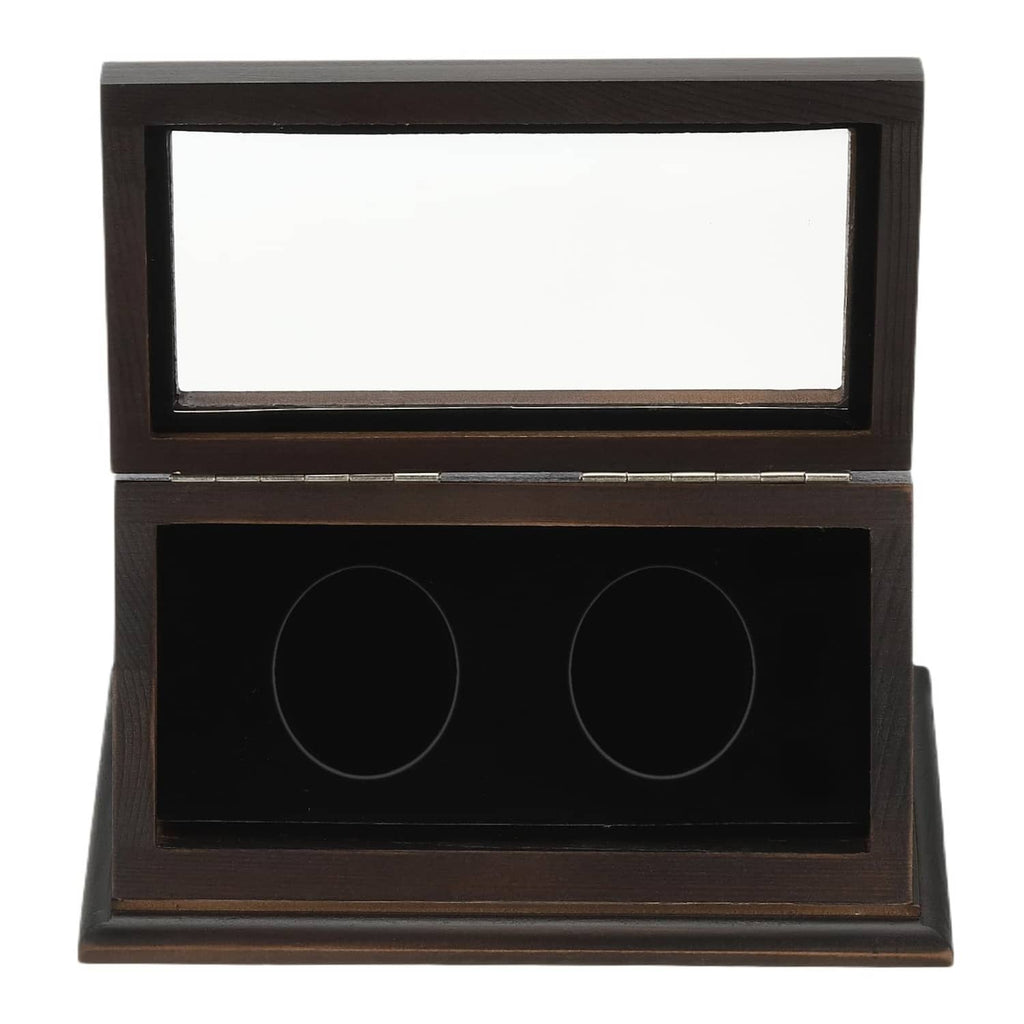 Dark brown 2-slot coin display case with closed clear window and two circular slots