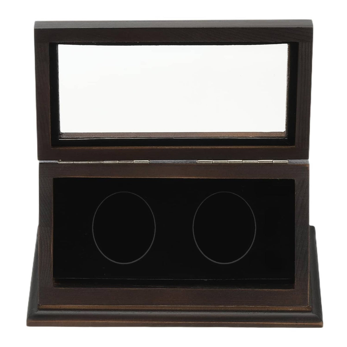 Dark brown 2-slot coin display case with closed clear window and two circular slots