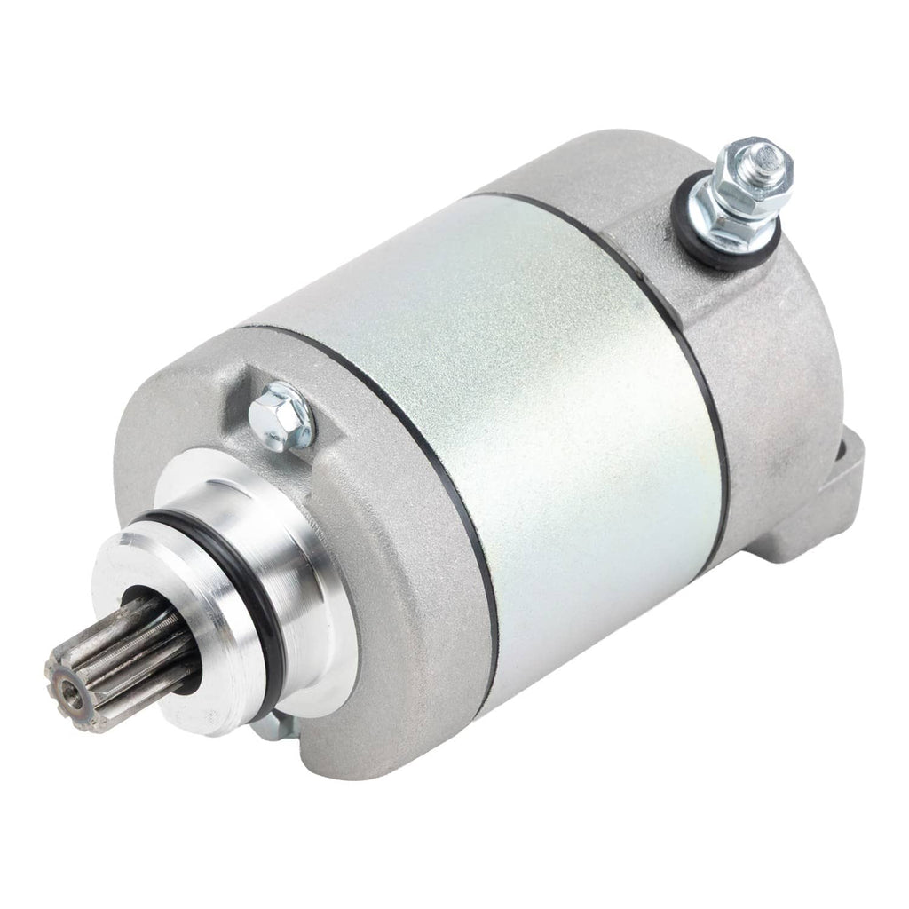 Starter motor 3/4 view with pinion shaft and top mounting bolt
