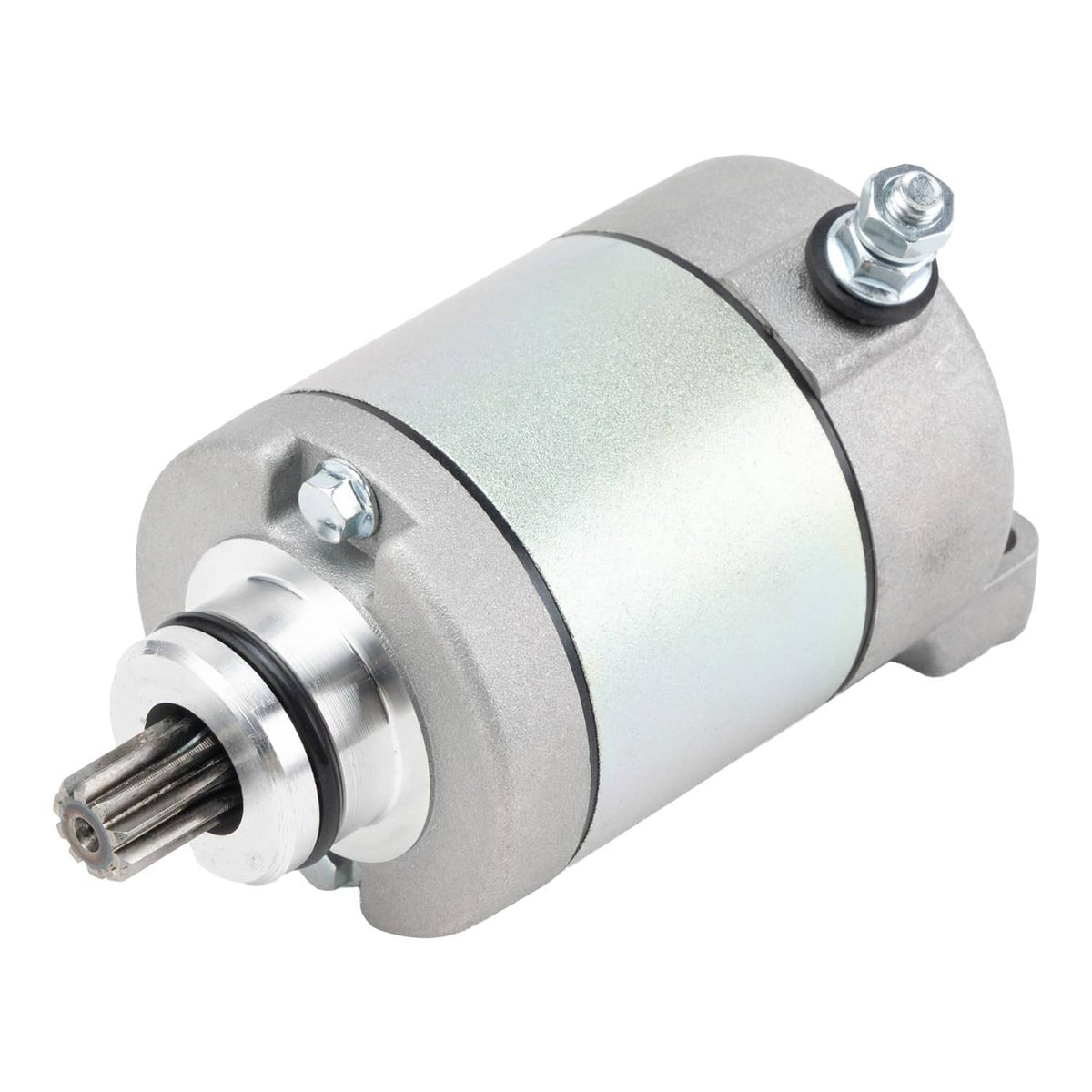 Starter motor 3/4 view with pinion shaft and top mounting bolt