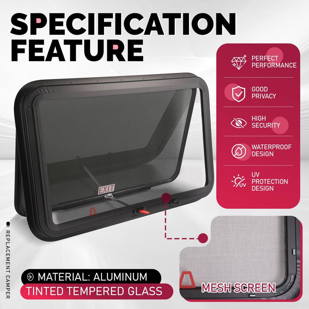 RV exit window with mesh screen and tinted tempered glass, black frame