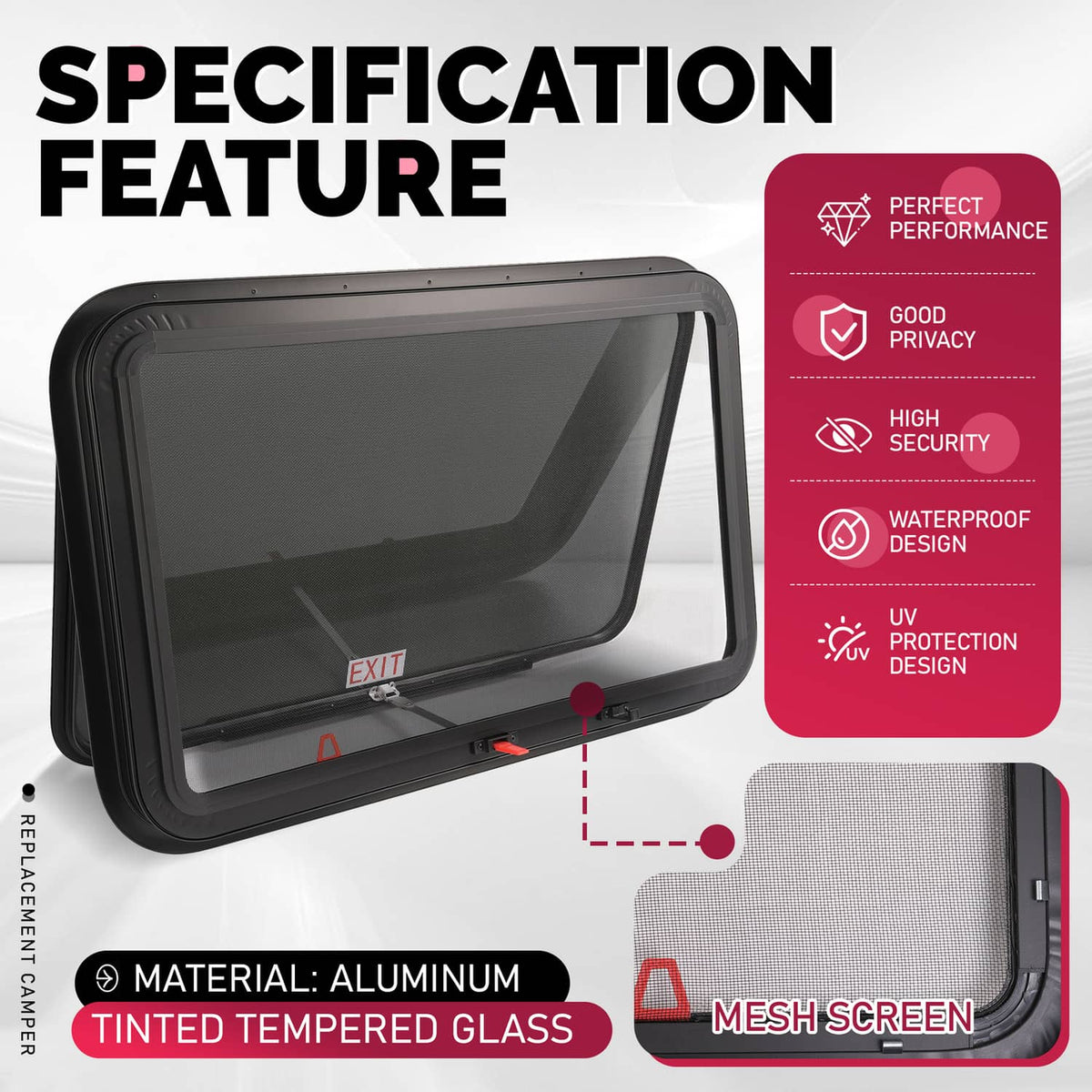 RV exit window with mesh screen and tinted tempered glass, black frame