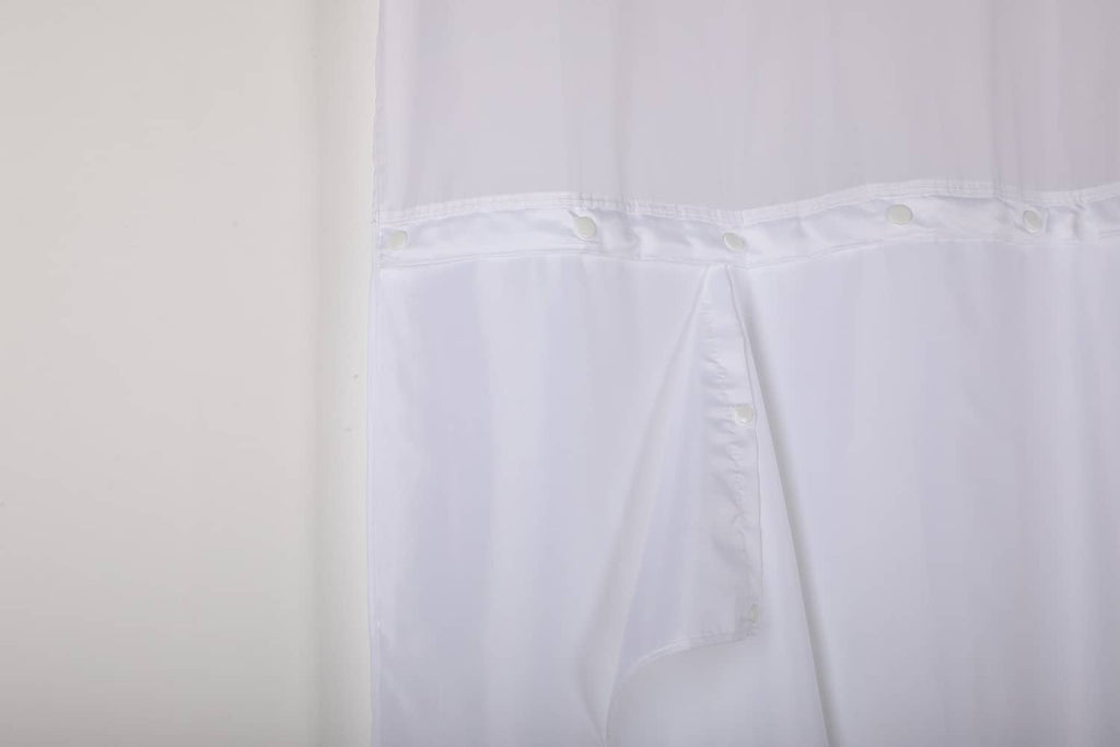 White shower curtain liner detail with top header and snap closure points.