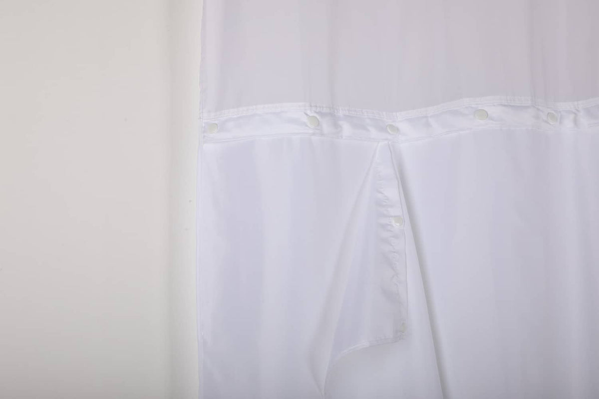 White shower curtain liner detail with top header and snap closure points.