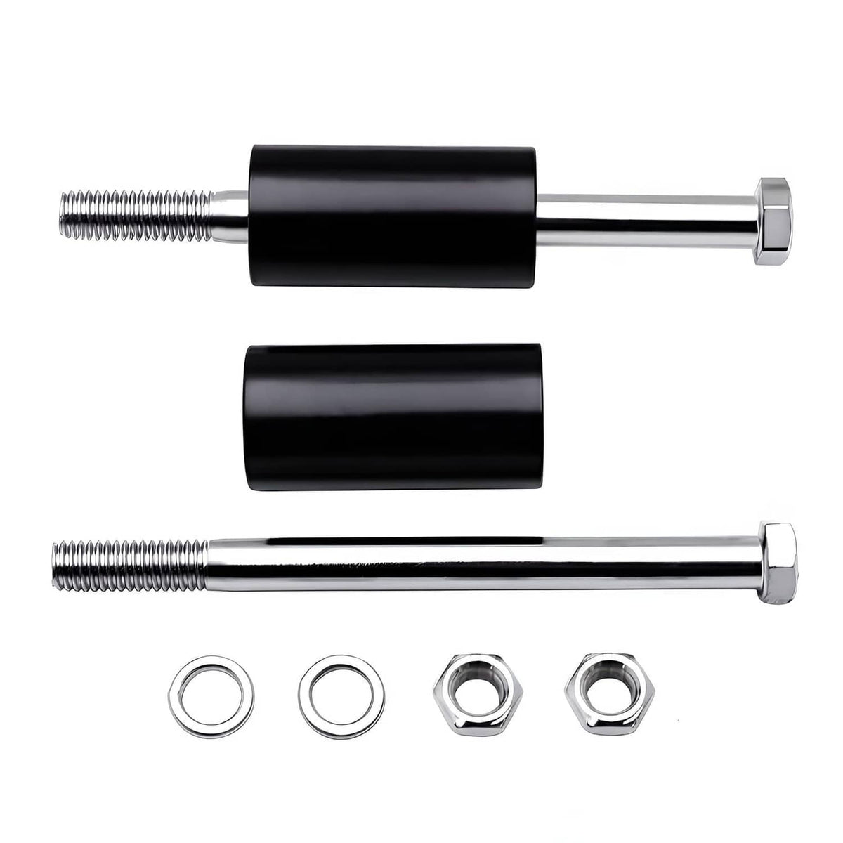 Black handlebar riser extension kit showing two sleeves on bolts with washers and nuts.