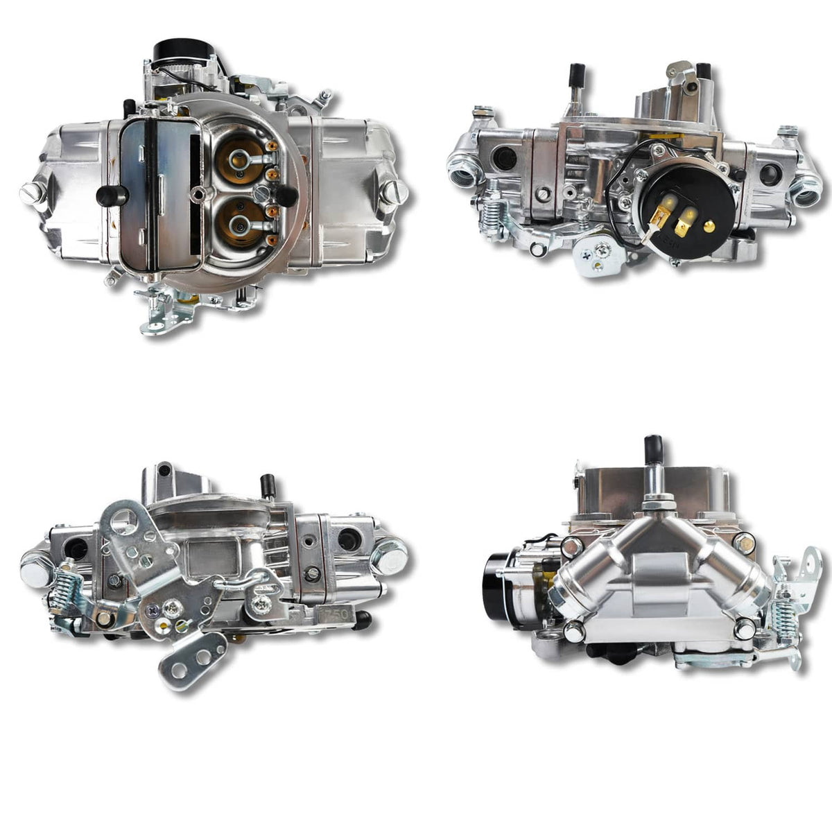 Silver 4-barrel electric choke carburetor shown from multiple angles