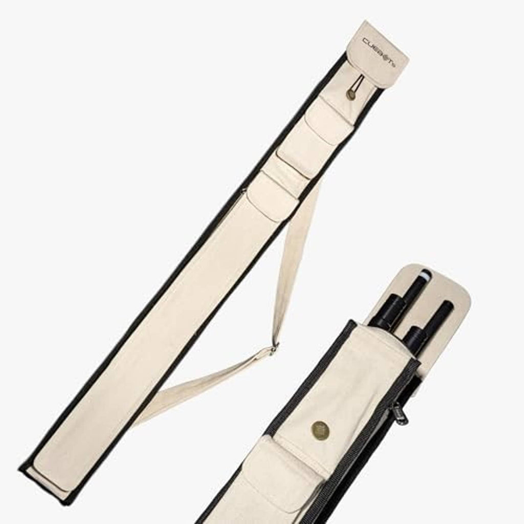 Off-white 2-cue pool cue case with black edge piping and two internal storage slots