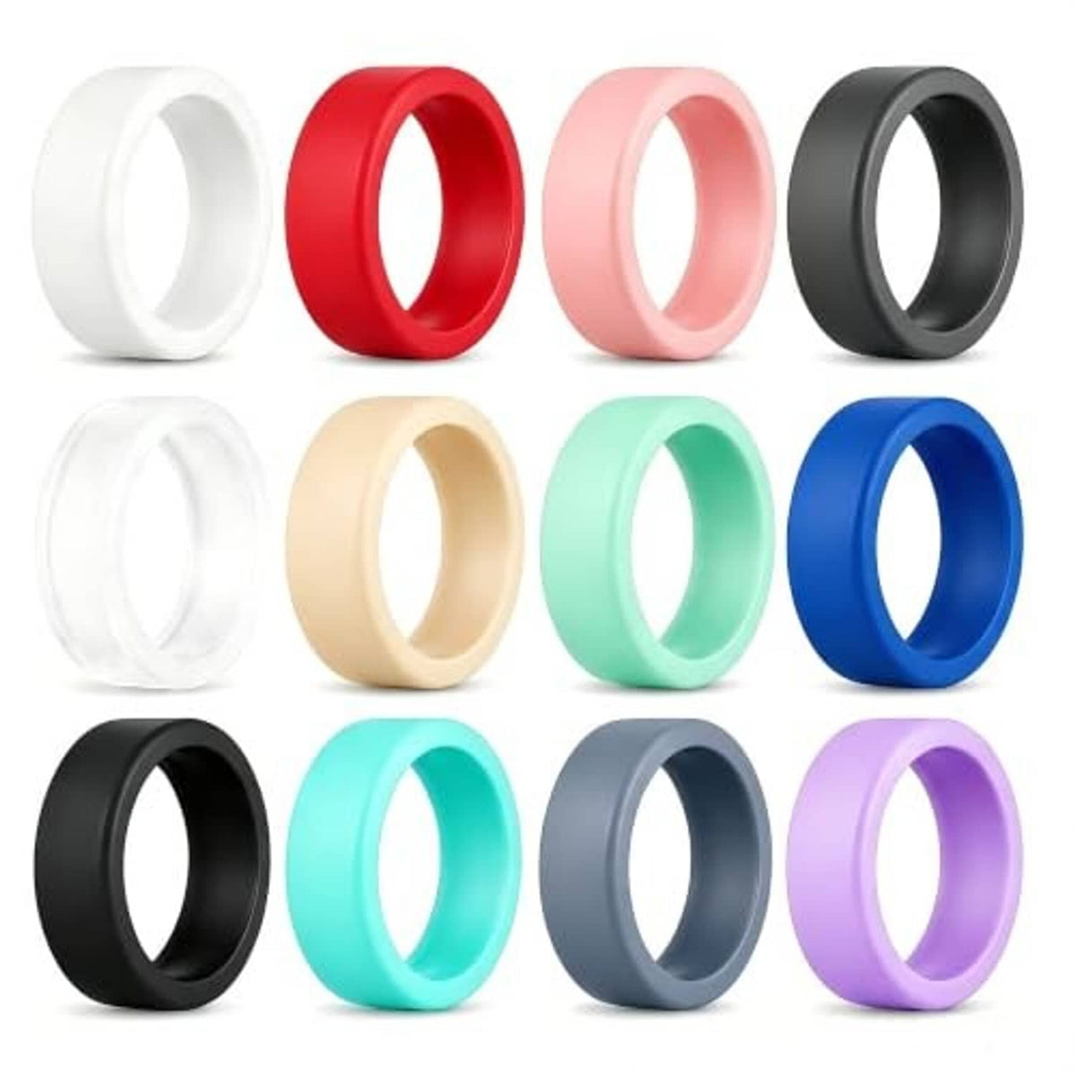 12-pack silicone ring covers showing multiple color options with open ring centers