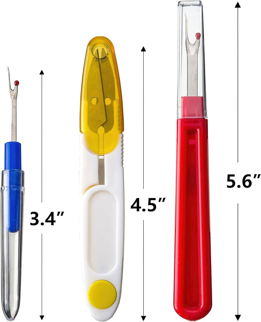 Seam ripper kit with yellow, blue, and red tools sized 3.4", 4.5", 5.6"