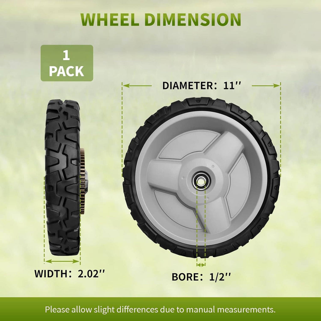 11-inch lawnmower wheel, 2-inch width, 1/2-inch bore; black tire, gray spokes