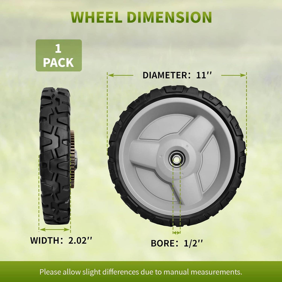 11-inch lawnmower wheel, 2-inch width, 1/2-inch bore; black tire, gray spokes