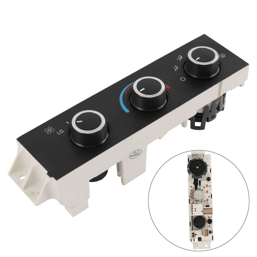 Climate control panel module with three rotary knobs and temperature accents, black face