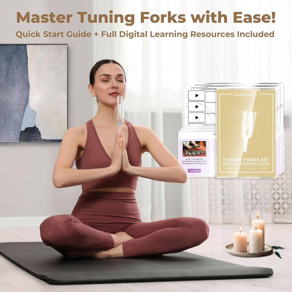 Healing tuning fork set with four silver forks and product cards in clear packaging