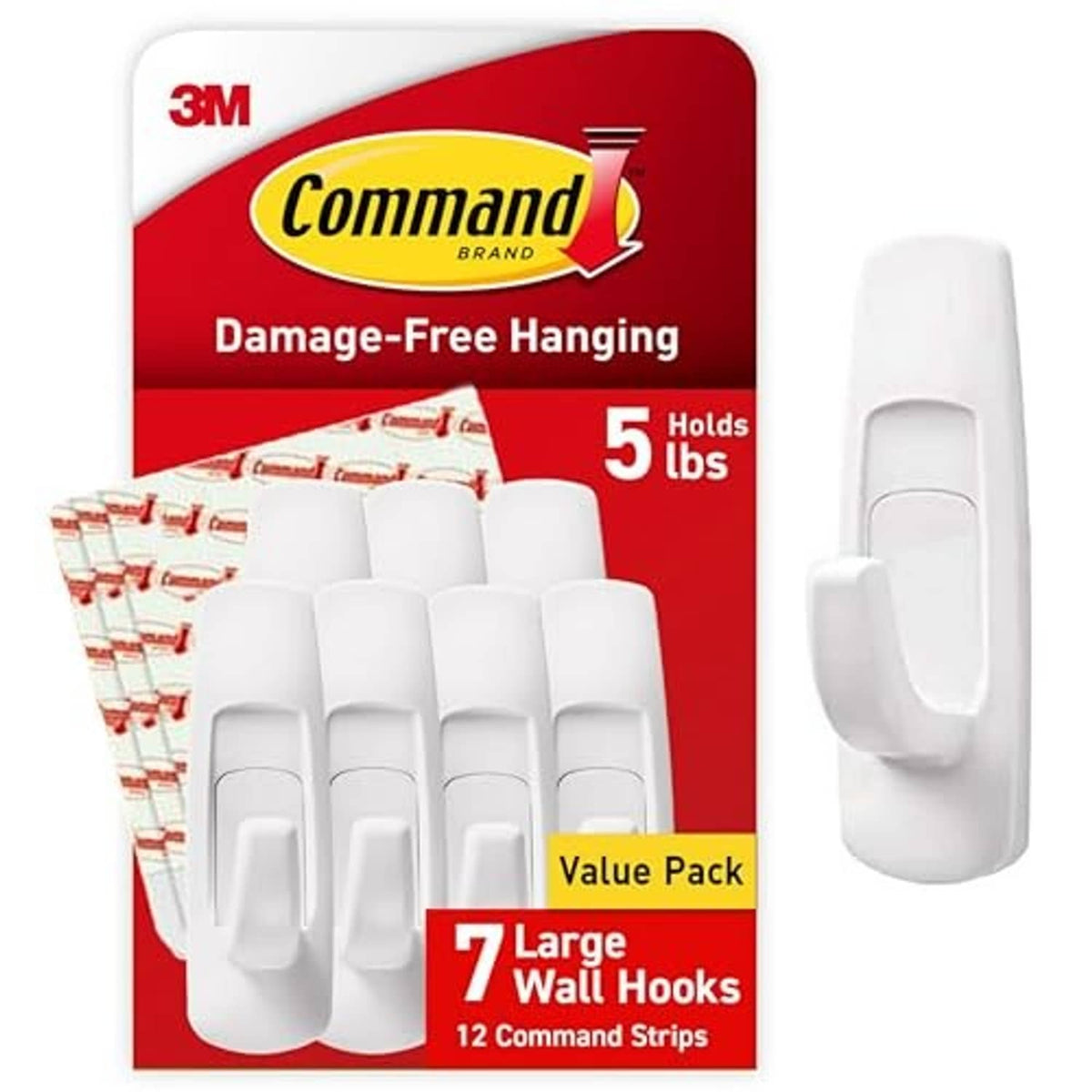 3M Command large white wall hook with adhesive backing; pack of 7 large hooks