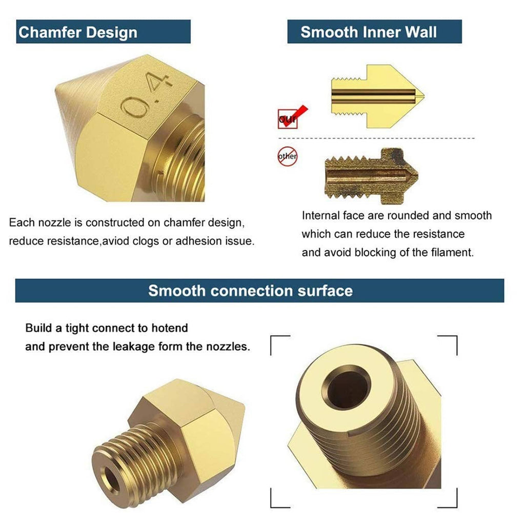 0.2mm brass MK8 extruder nozzle with chamfered design and smooth inner wall