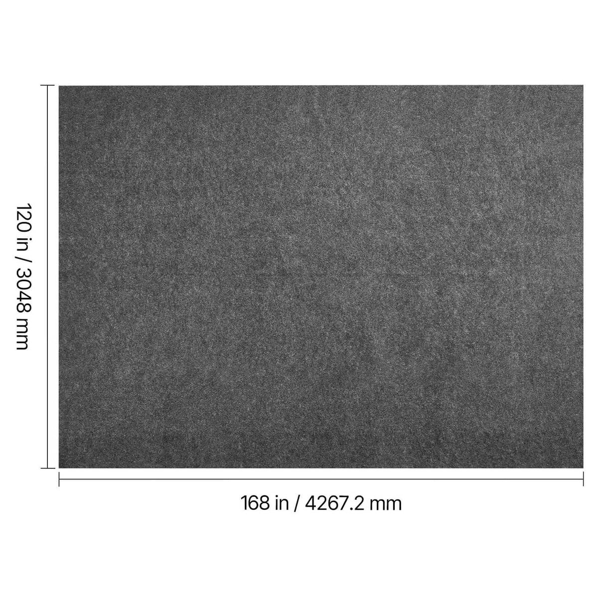 Rectangular view of dark gray rug pad with labeled height and width