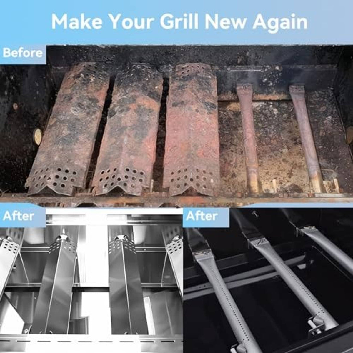 Stainless steel grill burner covers, shown replacing rusty heat shields