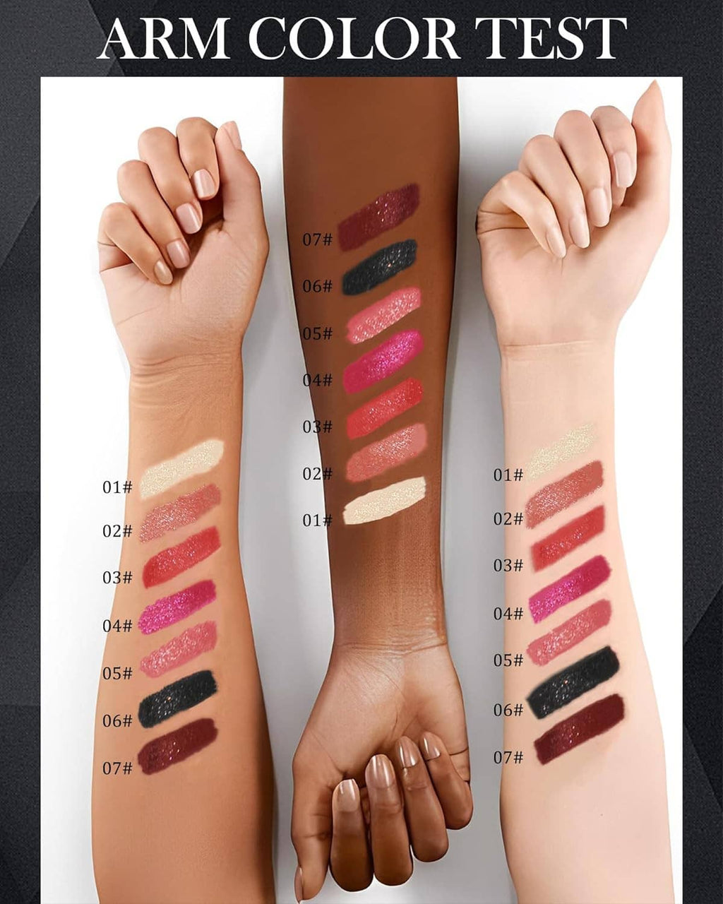 Glitter lipstick swatches on arms in multiple shades, including wine red