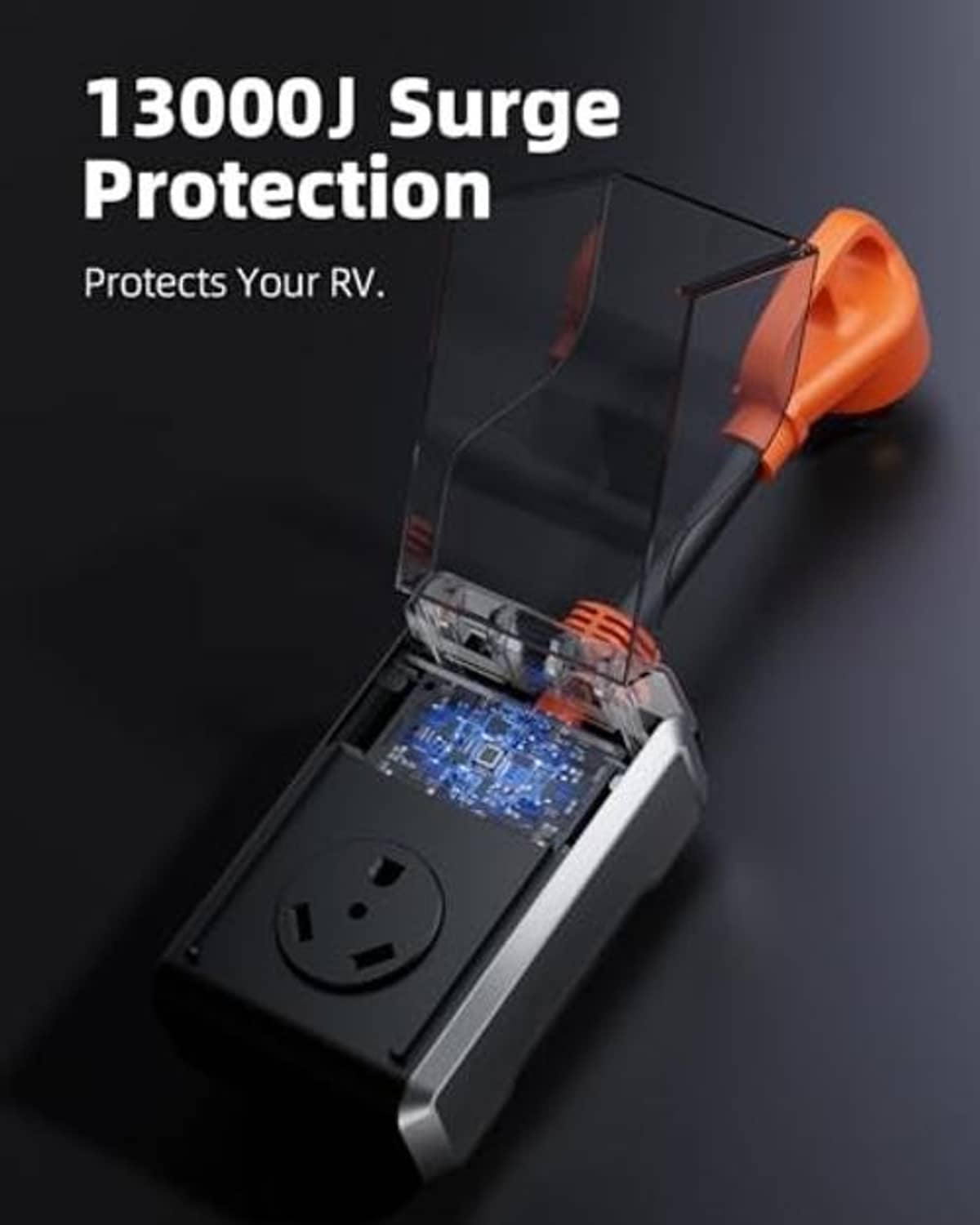RV surge protector open top with orange plug, outlet socket, and blue circuit board inside