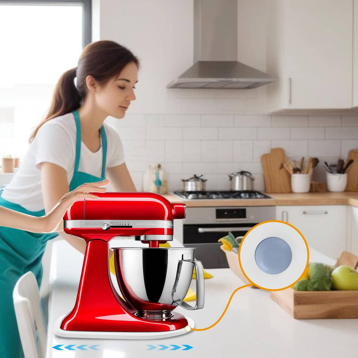 Red stand mixer with white tilt-head slider accessory for lifting