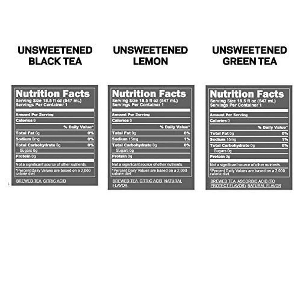Nutrition facts for unsweetened black tea, lemon, and green tea