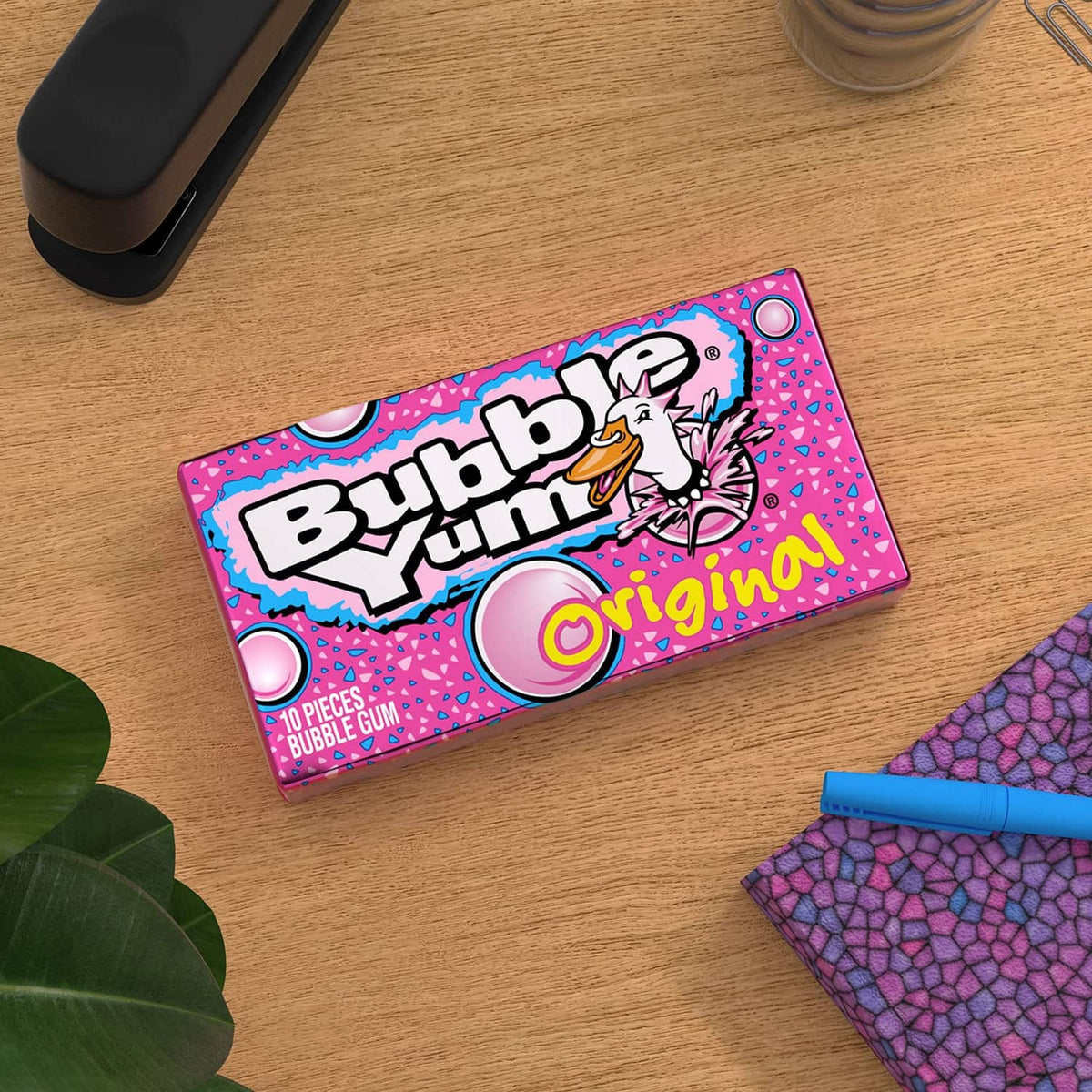 Bubble Yum Original bubble gum 10-piece box on tabletop with logo front