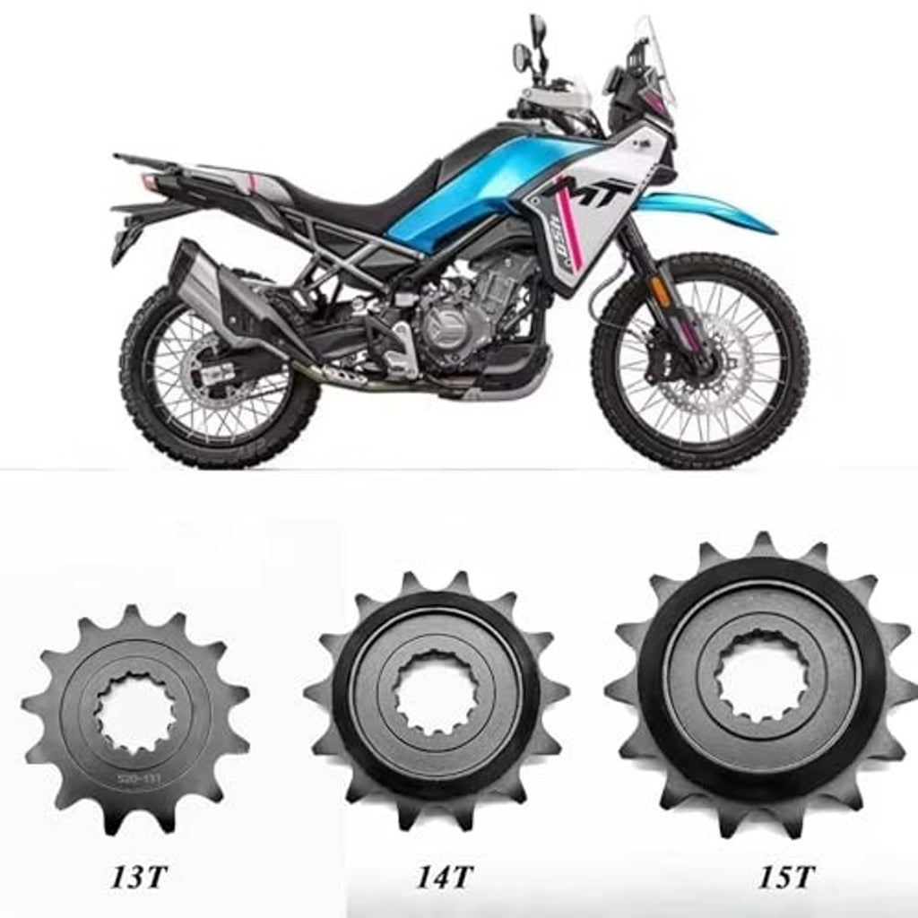 Front sprocket set showing 13T, 14T, and 15T sprockets, dark steel