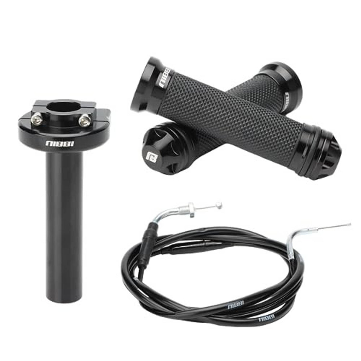 Black textured twist throttle grip with handlebar clamp and cable
