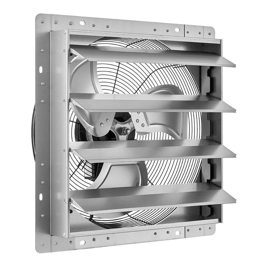 Wall-mounted exhaust fan with silver metal frame and louvered airflow grille