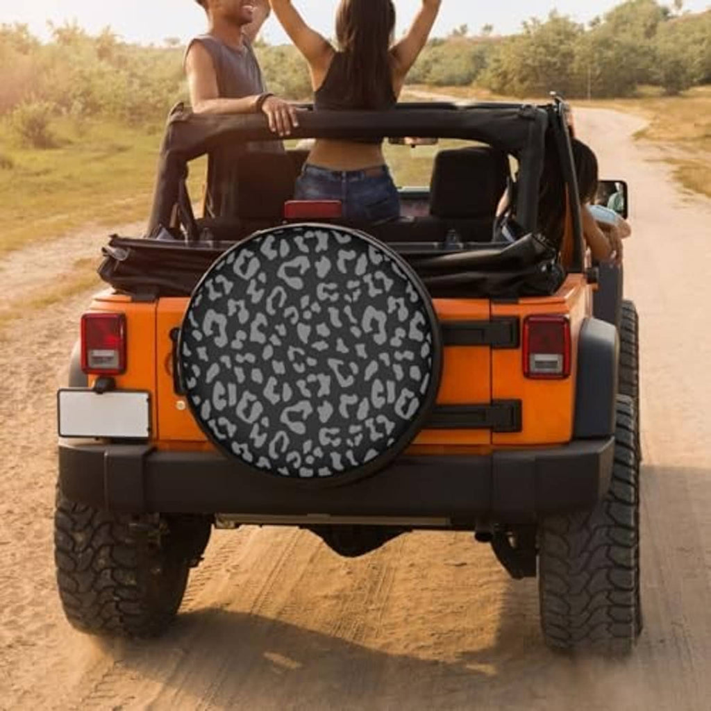 Spare tire cover for off-road SUV, black with gray leopard-print circular pattern