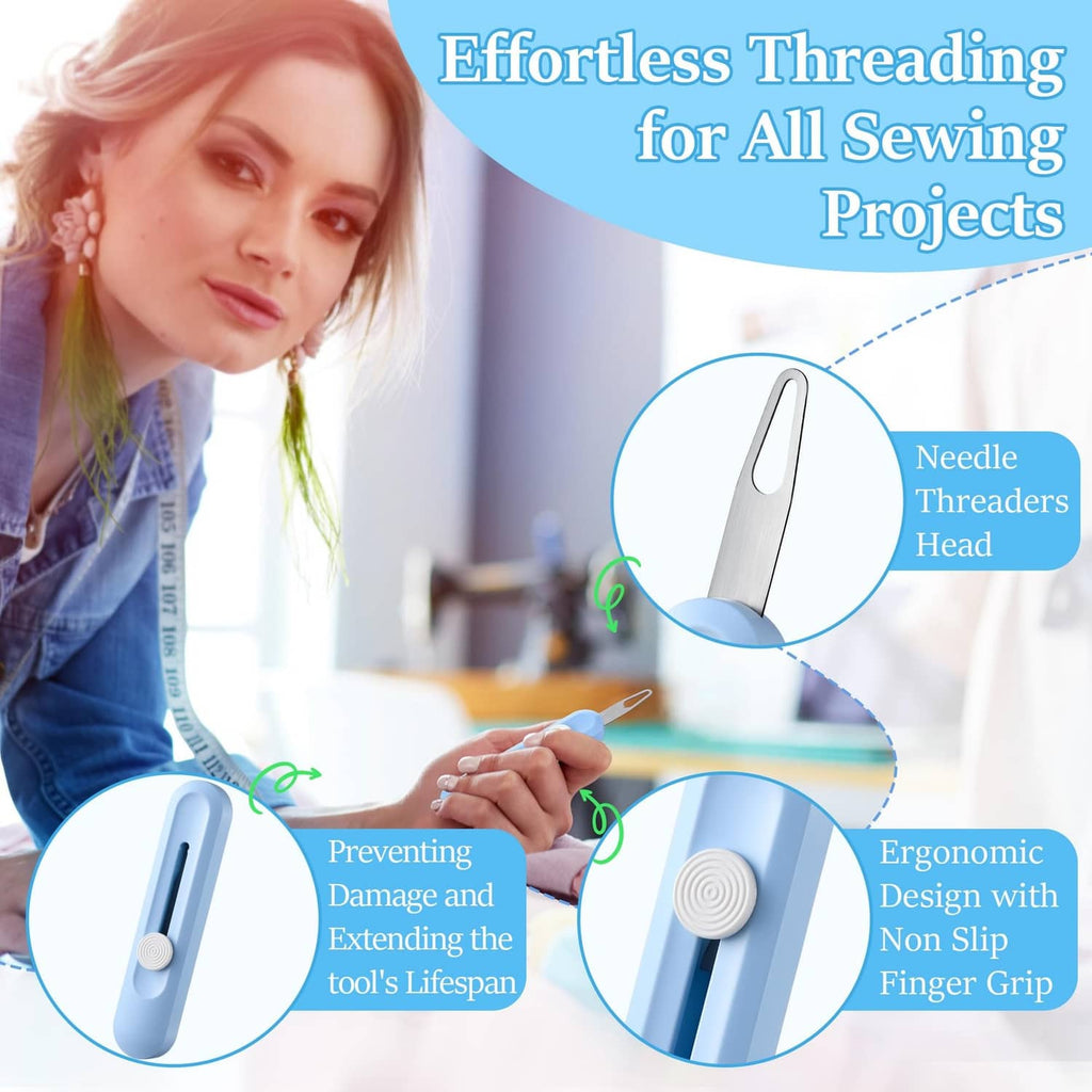 Blue automatic needle threader with pointed needle head and ergonomic finger grip.