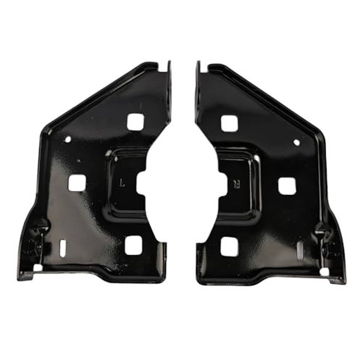 Front bumper bracket pair, glossy black metal with large central opening and side holes.