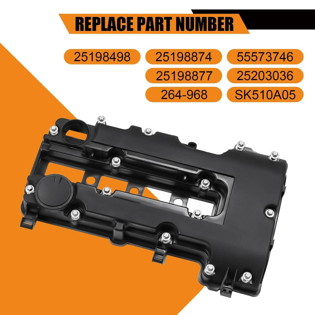 Black camshaft valve cover with raised top section and mounting bolts