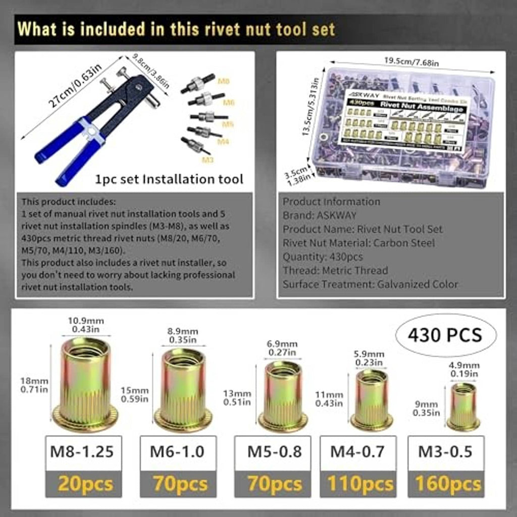 Rivet nut tool set with blue installer, metric sizes shown, and assorted gold rivet nuts