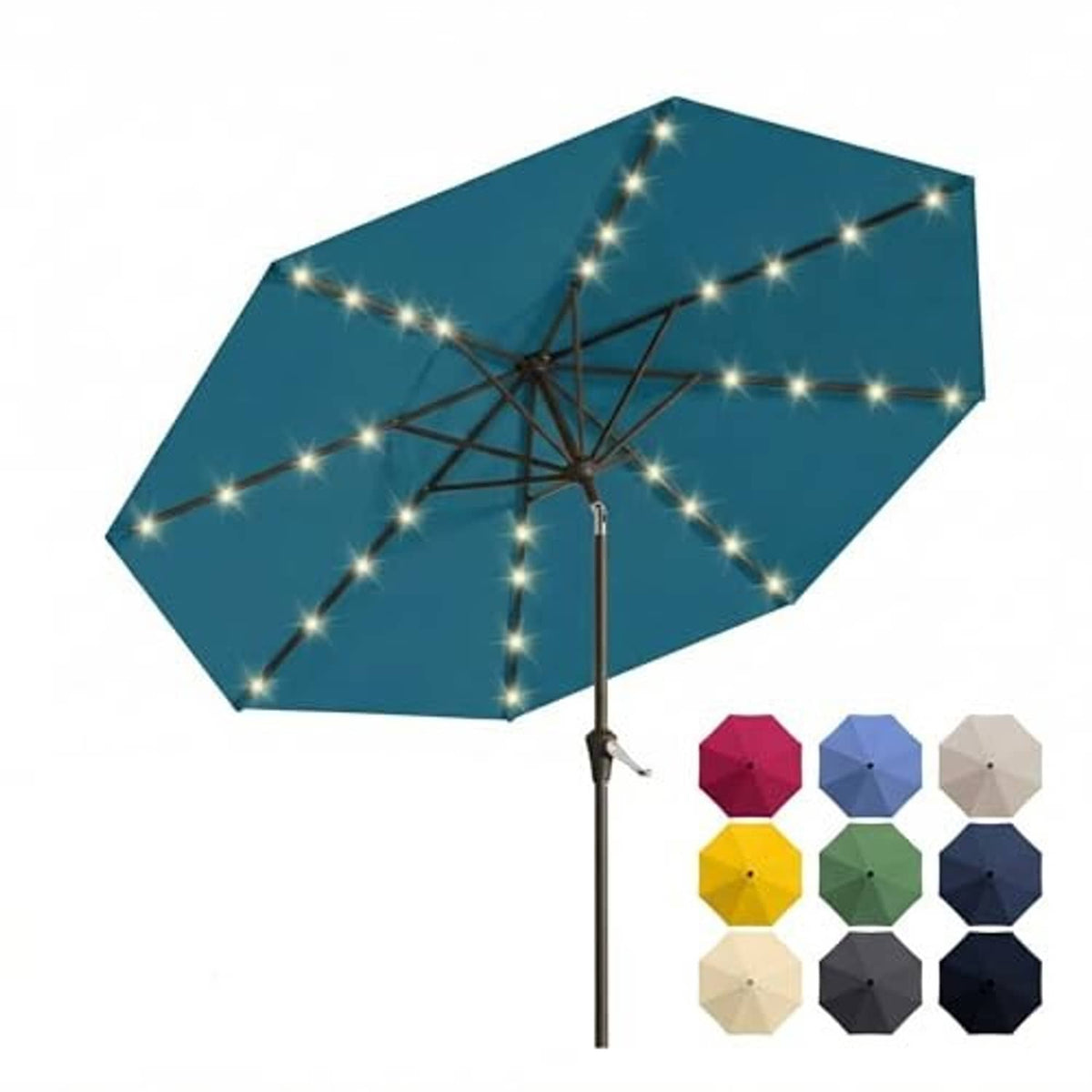 Teal solar patio table umbrella with warm LED string lights and center pole