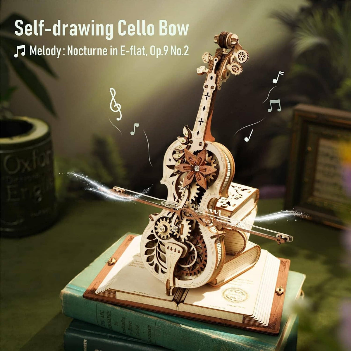 Wooden 3D mechanical cello kit model with detailed gears and bow on stand