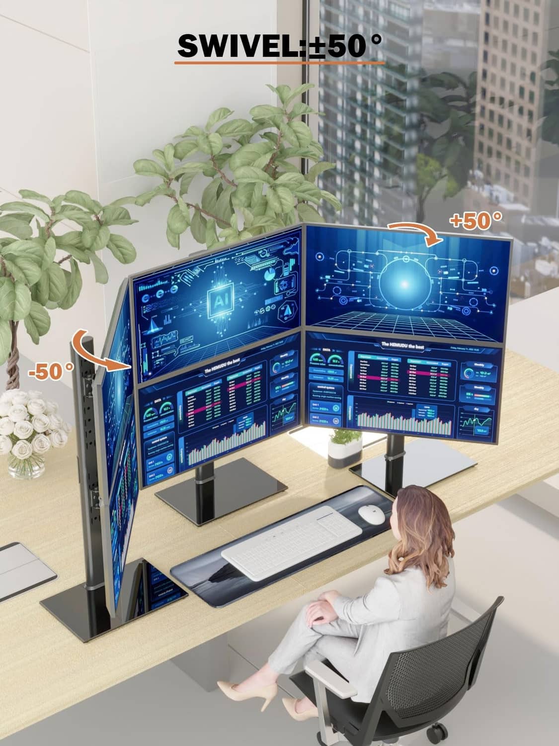 Vertical dual monitor stand with stacked screens on desk, black support pole