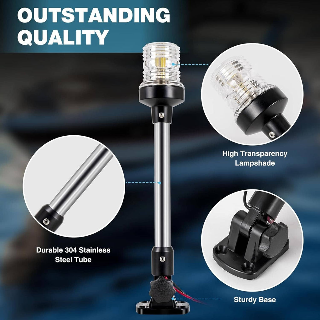 Boat stern anchor light with durable stainless tube, clear lamp shade, and sturdy base