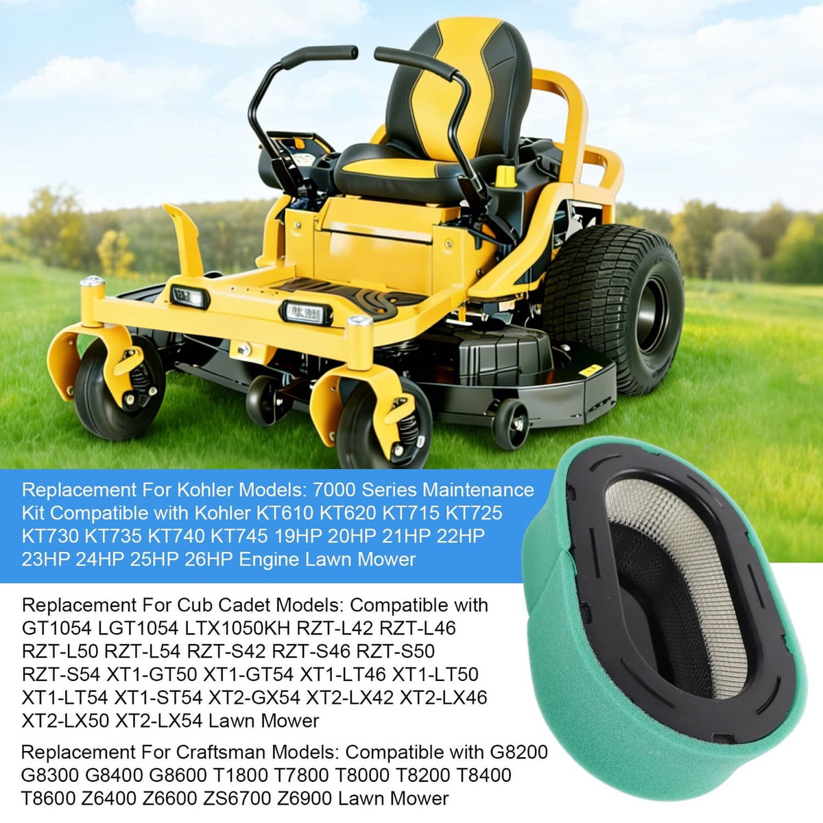 Air filter tune-up kit parts with green air filter shown alongside a yellow riding mower