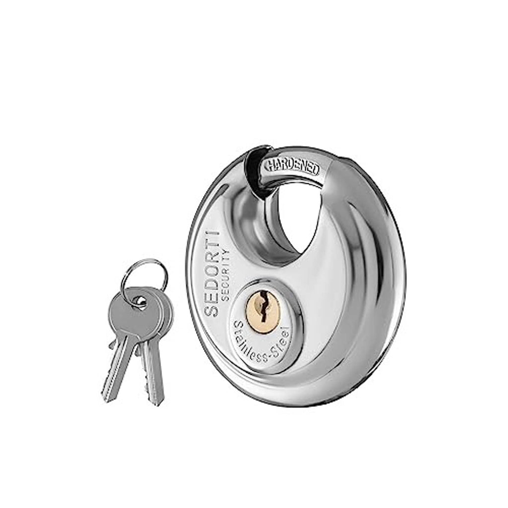 Stainless steel disc padlock with two keys, keyed alike set shown