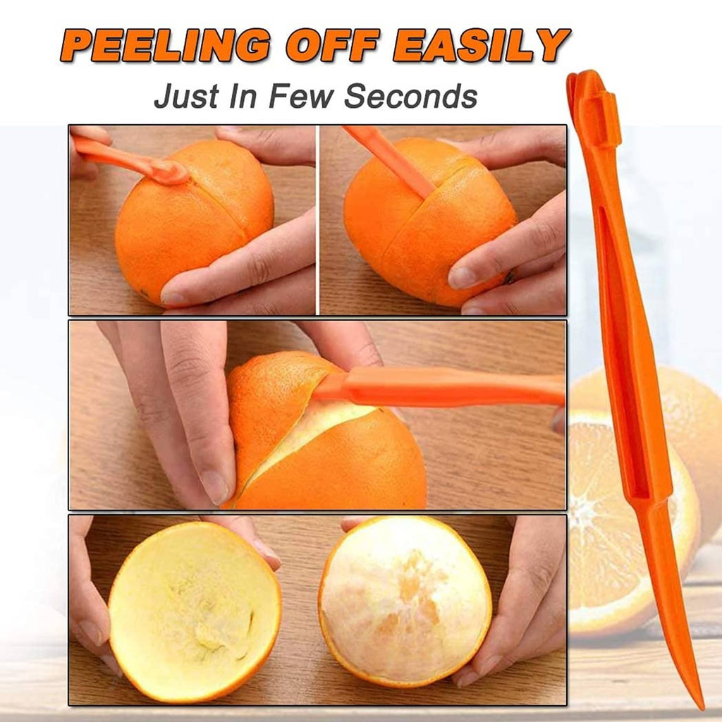 Plastic orange peeler tool with long pointed handle, peeling orange rind.