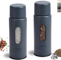 Salt and pepper grinder set in dark blue with salt and pepper viewing windows