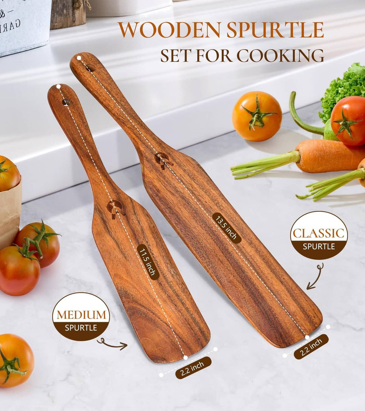 Two wooden spurtle spatulas with long handles, carved end marks, and oval tips