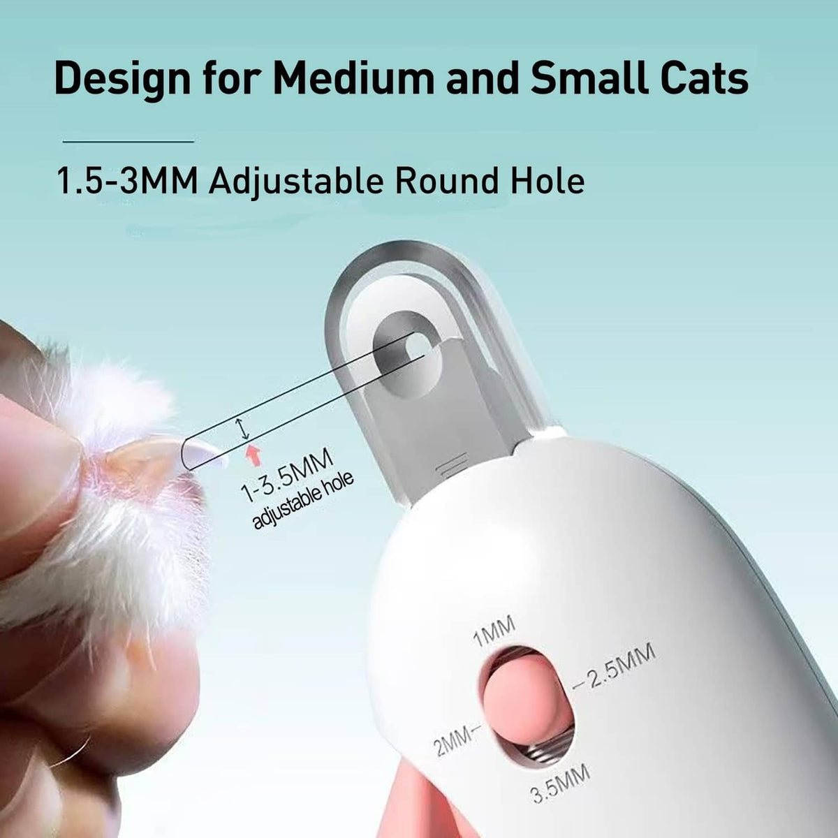 Cat nail clipper head with adjustable round opening and pink safety button
