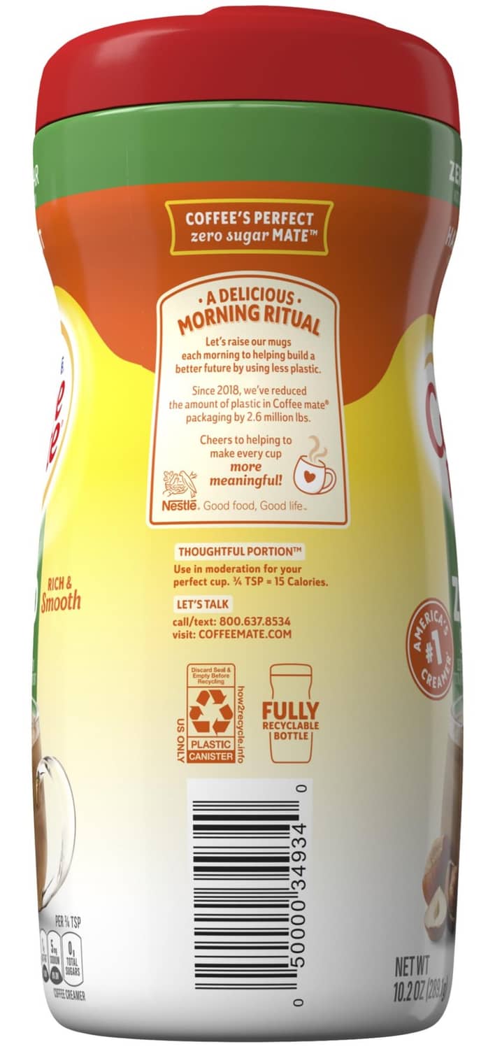 Coffee-mate Zero Sugar Hazelnut creamer bottle back with usage and recycling info