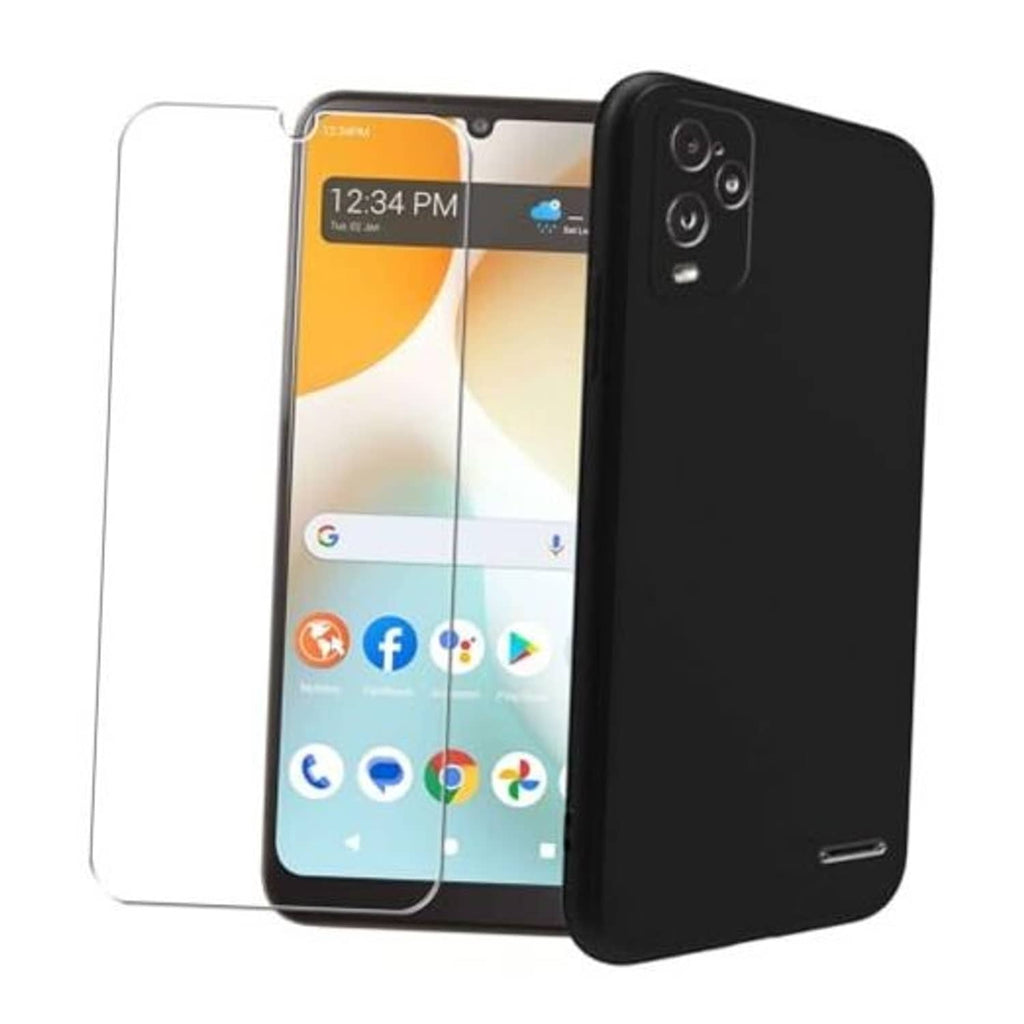 Black phone case with clear screen protector fitted on a smartphone front and back