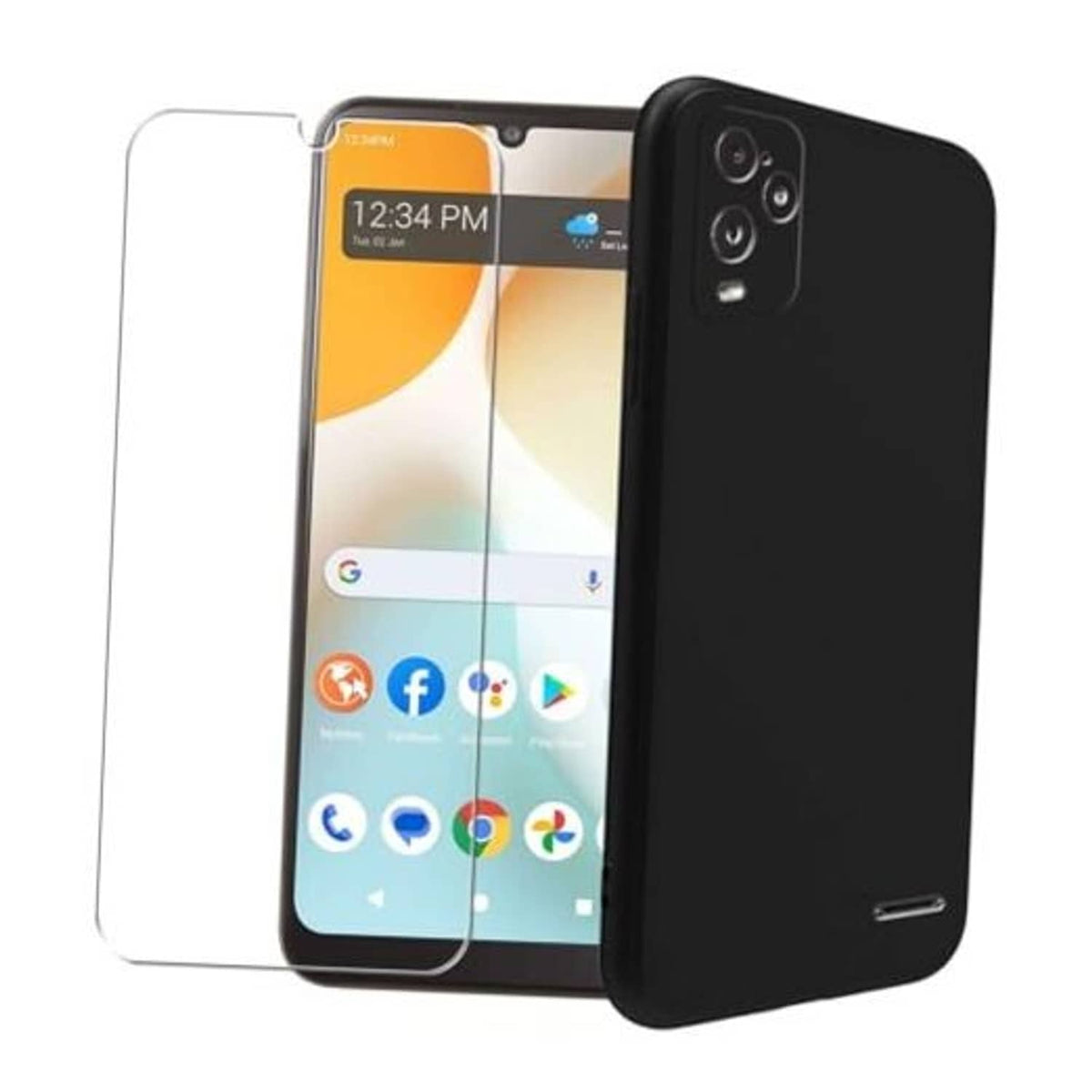 Black phone case with clear screen protector fitted on a smartphone front and back