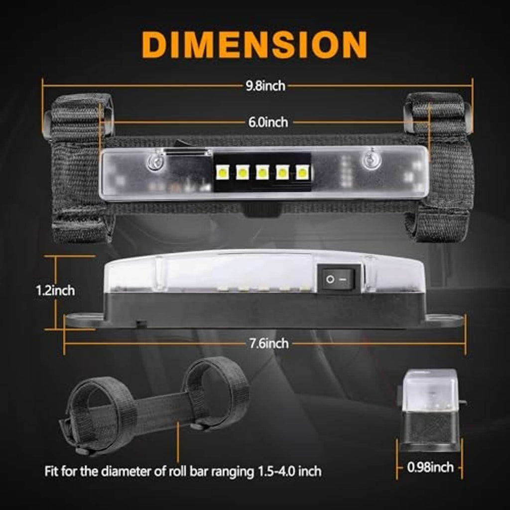 LED light bar with clear housing and adjustable roll-bar straps, shown with size markings